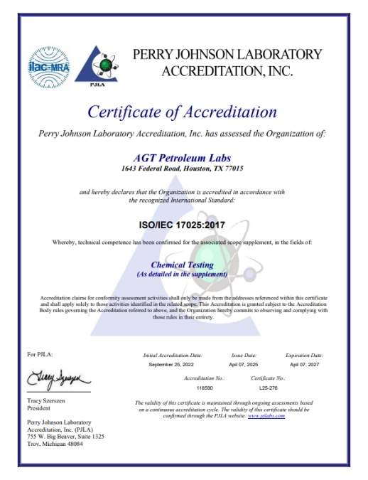 Accredited Petroleum Testing Laboratory Certificate