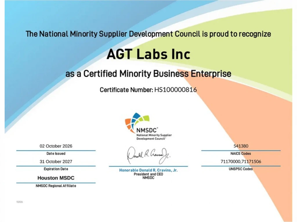 AGT Labs NMSDC Certified Minority Business Enterprise (MBE) Certificate